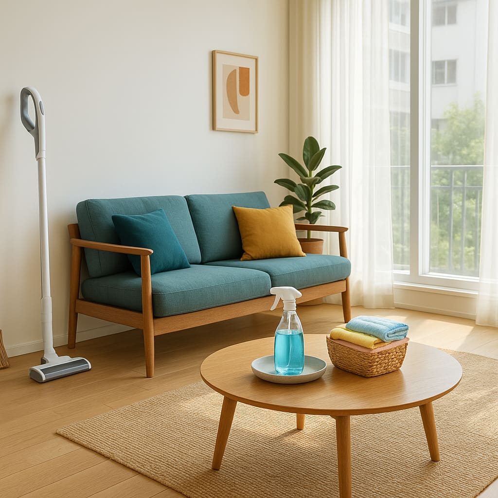 Clean living room with supplies